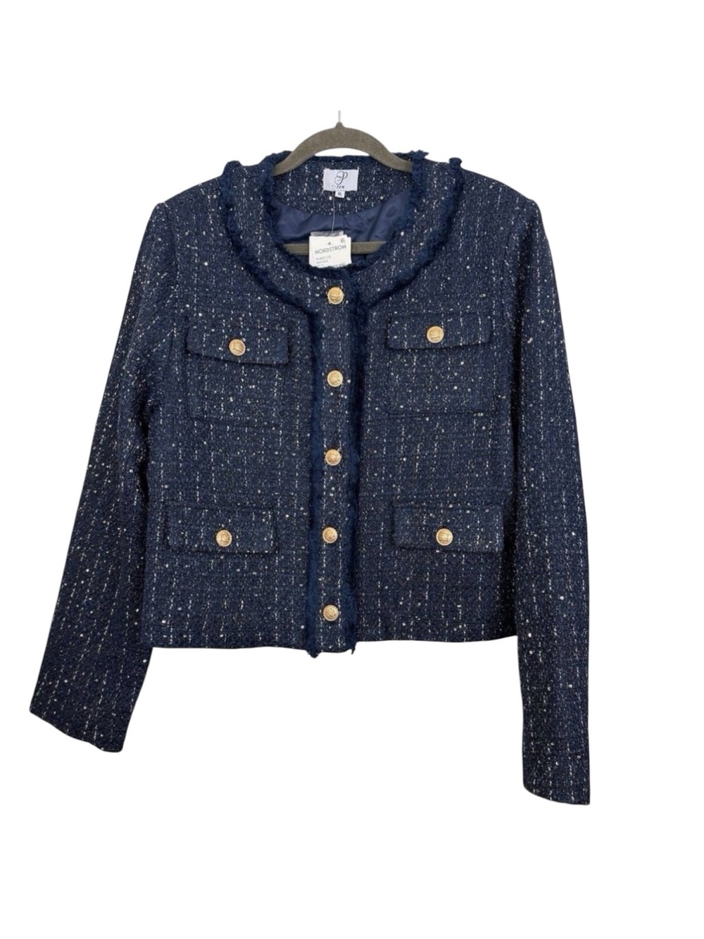 PLM Blazer Suit Jacket Womens Sz XL Sequins Navy Blue Textured Gold Buttons